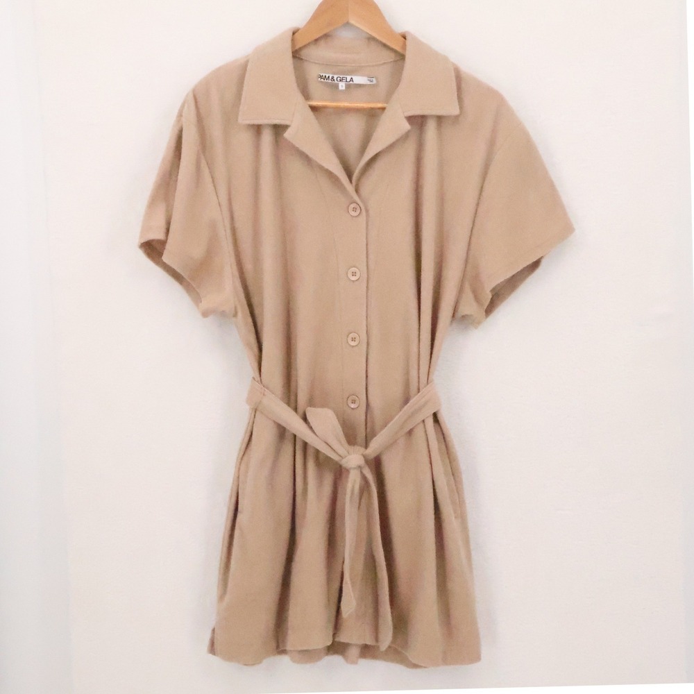 Pam  Gela Belted Terry Mini Dress Womens Size S Swim Cover Beach Poolside Button